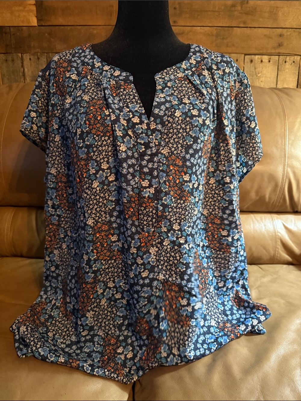 Papermoon Navy Floral Split V-Neck Blouse with Orange Accents